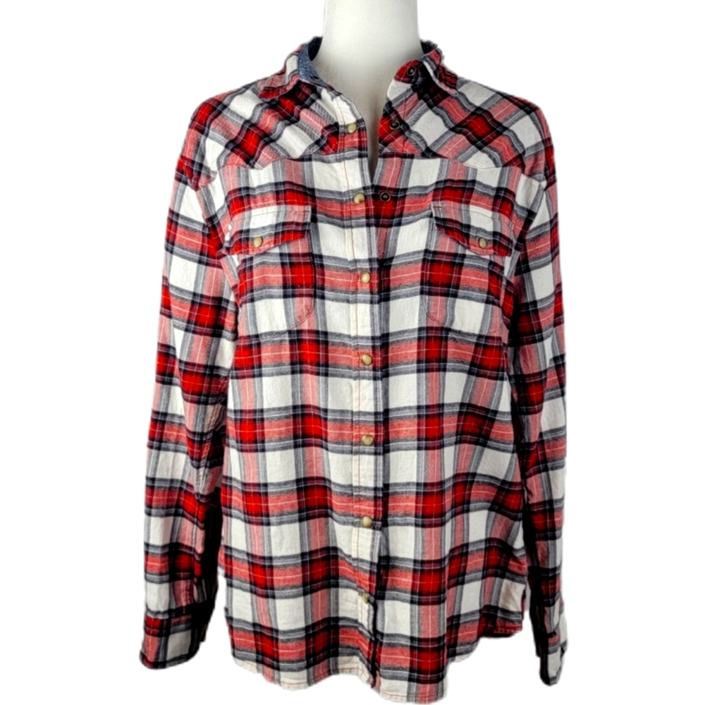 Jachs Girlfriend red white check print plaid snap top